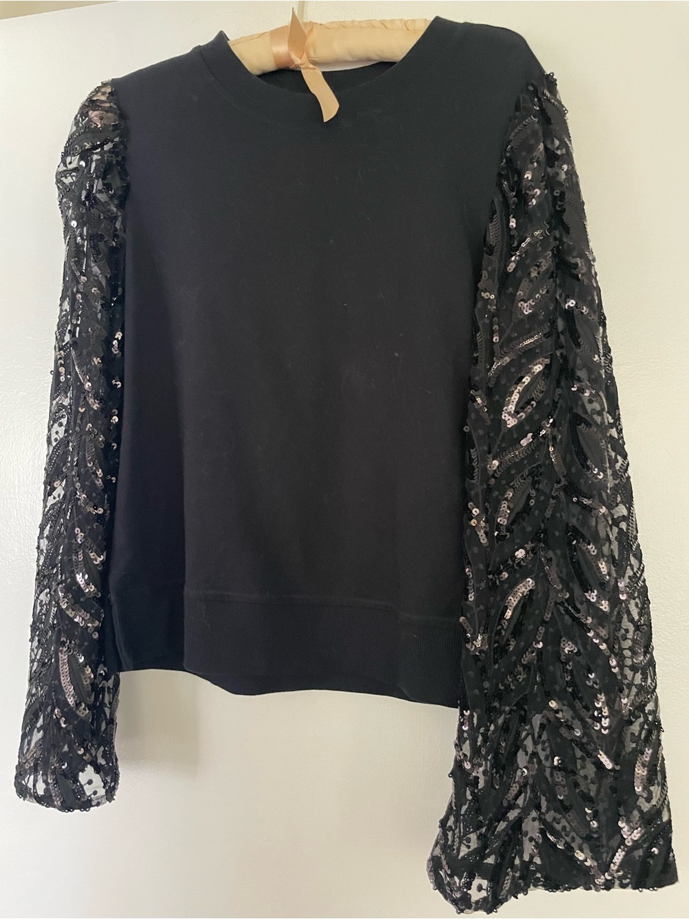 Anthropologie Black Sequin Lace-Sleeve Sweatshirt